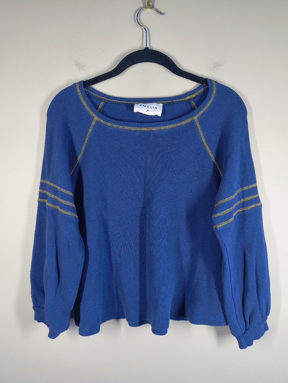 Emelia Blue Lightweight Crewneck Sweater with Contrast Stitching, Size M